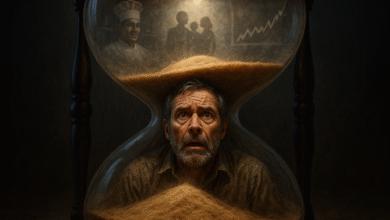 Hyper-realistic image of a man trapped in an hourglass by pouring sand, symbolizing regret, lost time, and missed opportunities in midlife. Evokes urgency and the feeling of being overwhelmed.