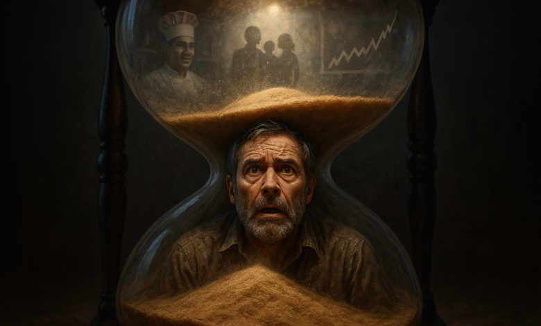 Hyper-realistic image of a man trapped in an hourglass by pouring sand, symbolizing regret, lost time, and missed opportunities in midlife. Evokes urgency and the feeling of being overwhelmed.