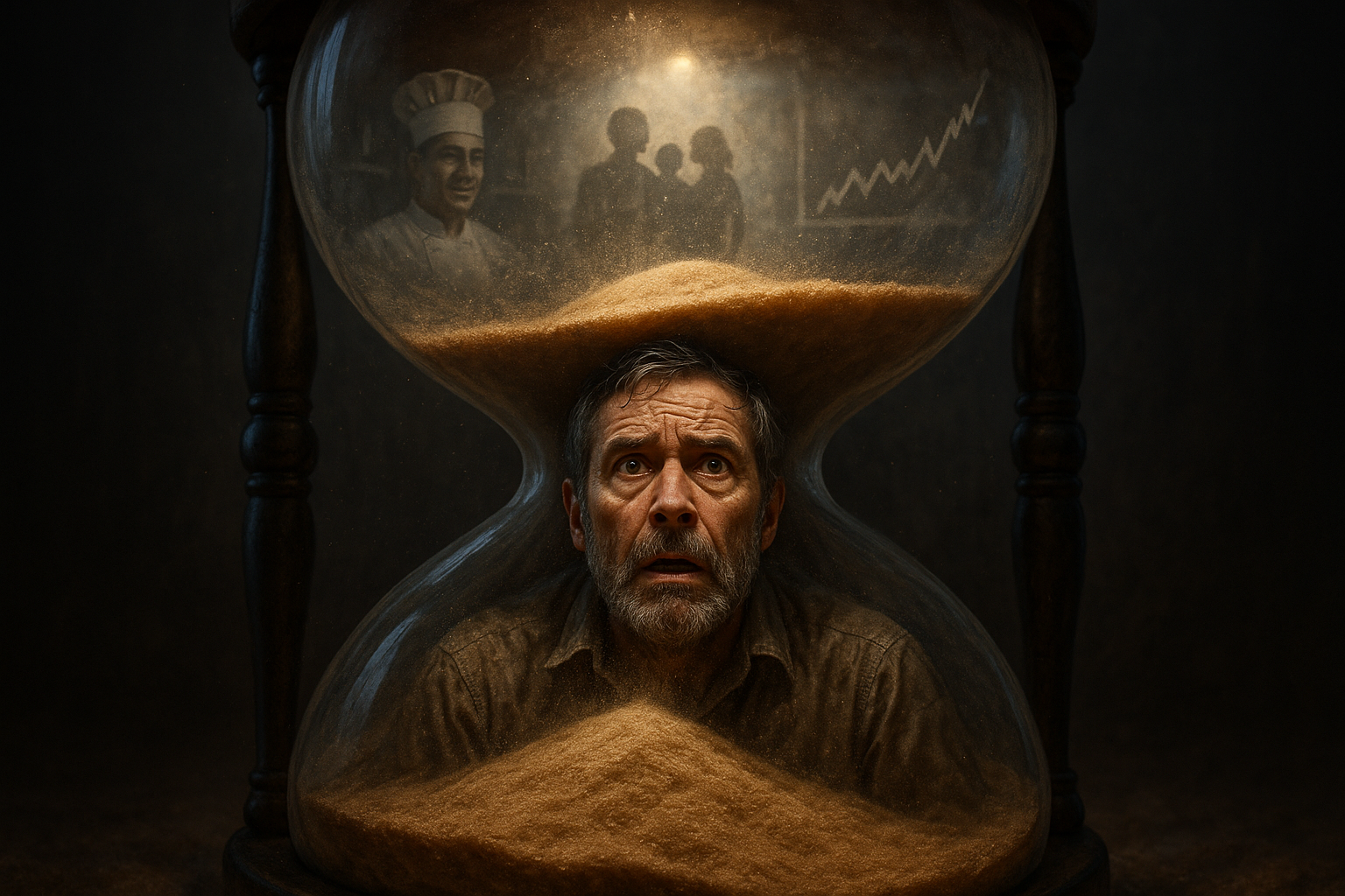 Hyper-realistic image of a man trapped in an hourglass by pouring sand, symbolizing regret, lost time, and missed opportunities in midlife. Evokes urgency and the feeling of being overwhelmed.