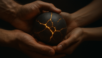 A man's and woman's hands gently hold a dark sphere with glowing golden cracks, symbolizing relationship mastery and healing through shared experience.