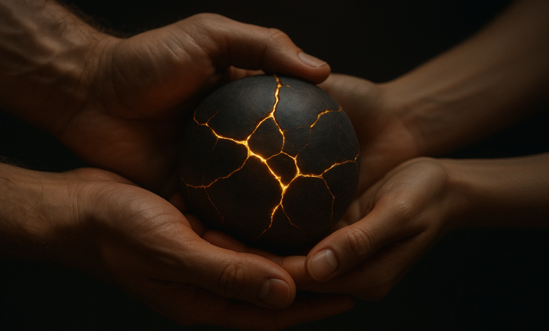 A man's and woman's hands gently hold a dark sphere with glowing golden cracks, symbolizing relationship mastery and healing through shared experience.
