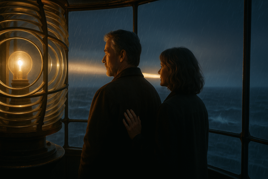 A man in a lighthouse, symbolizing the steady strength and guidance required for relationship mastery, looks calmly at his partner as a storm rages outside.