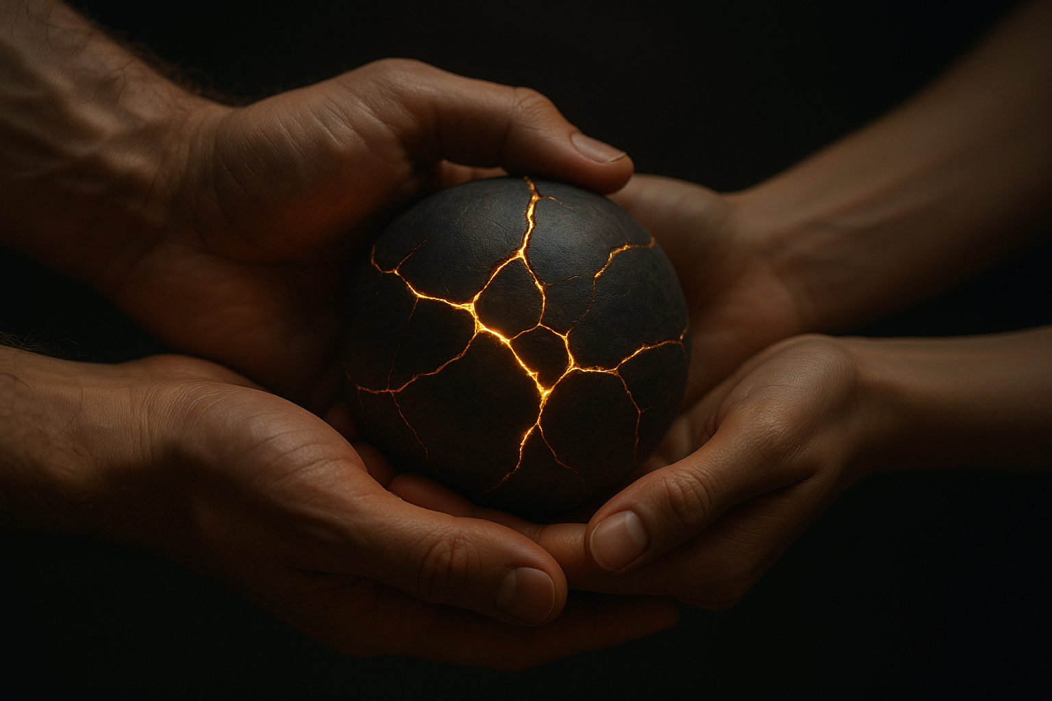 A man's and woman's hands gently hold a dark sphere with glowing golden cracks, symbolizing relationship mastery and healing through shared experience.