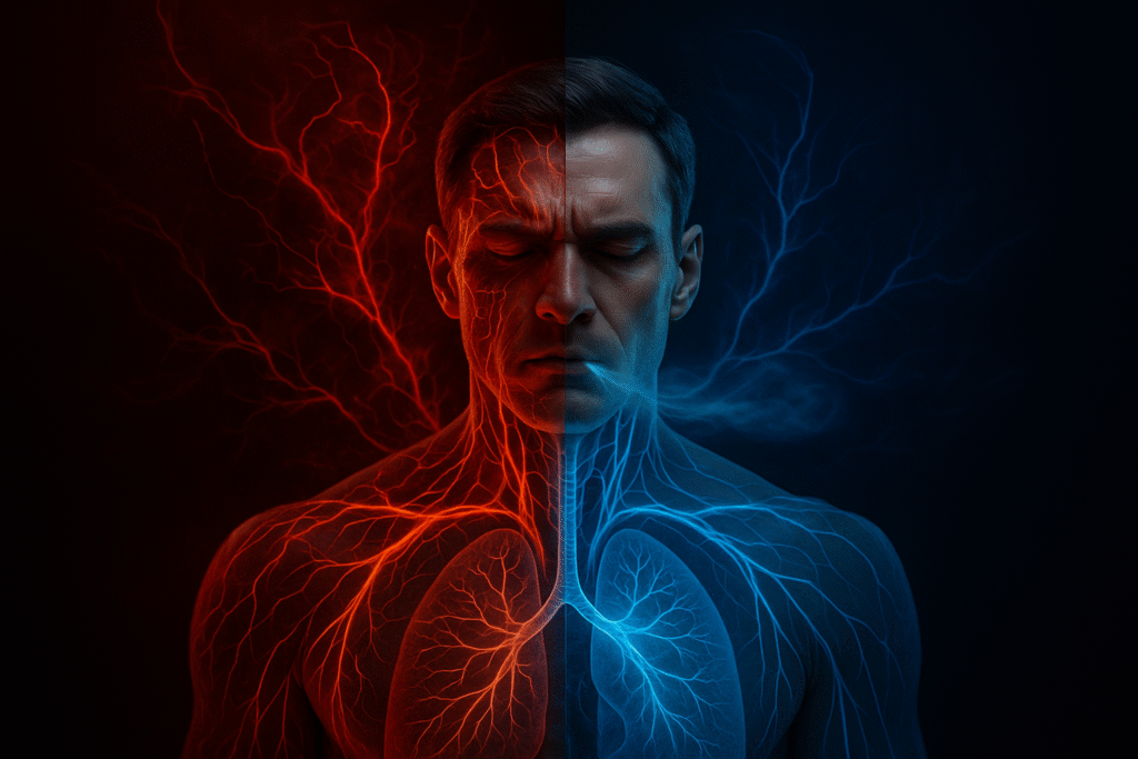 A split-screen medical illustration showing a man's nervous system transforming from a chaotic red stress state to a calm blue state through controlled breathing, demonstrating the cortisol interrupt.