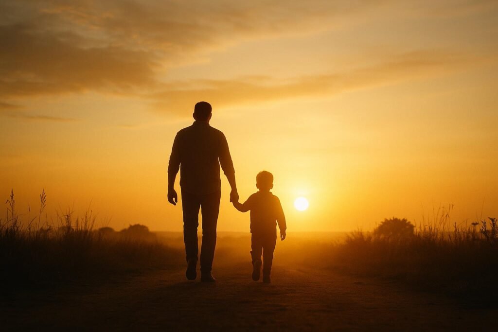 Father and child walking toward sunrise representing new career beginnings