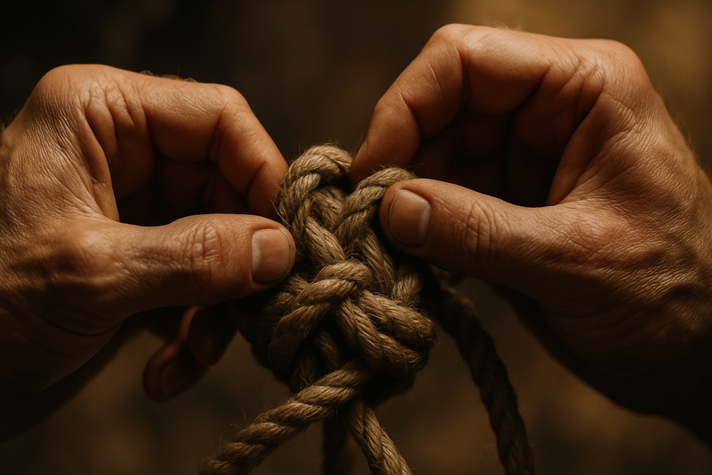 A close-up of a man's hands patiently and skillfully untying a complex rope knot, symbolizing the process of taking control and solving the problem of psychological ED.