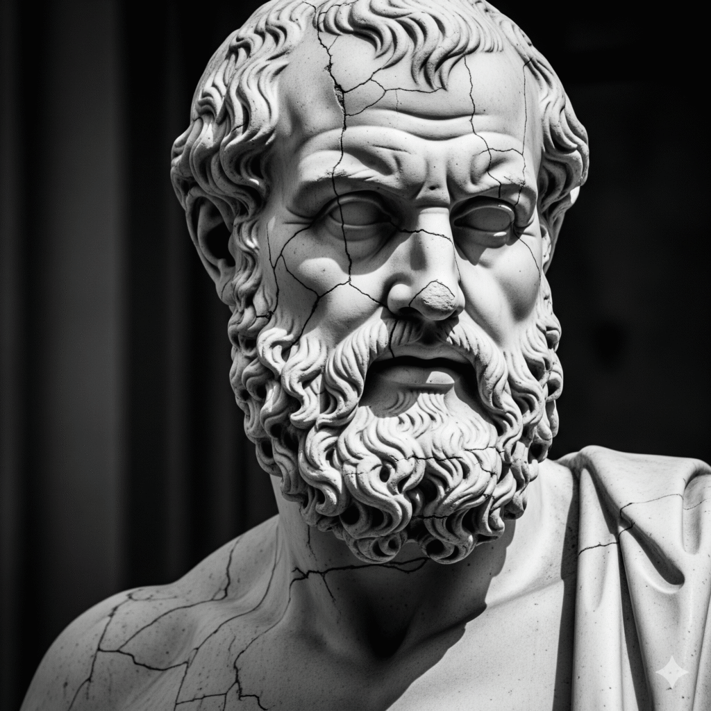A detailed, black and white close-up of a cracked Greco-Roman marble bust of a philosopher, symbolizing timeless wisdom and enduring principles.