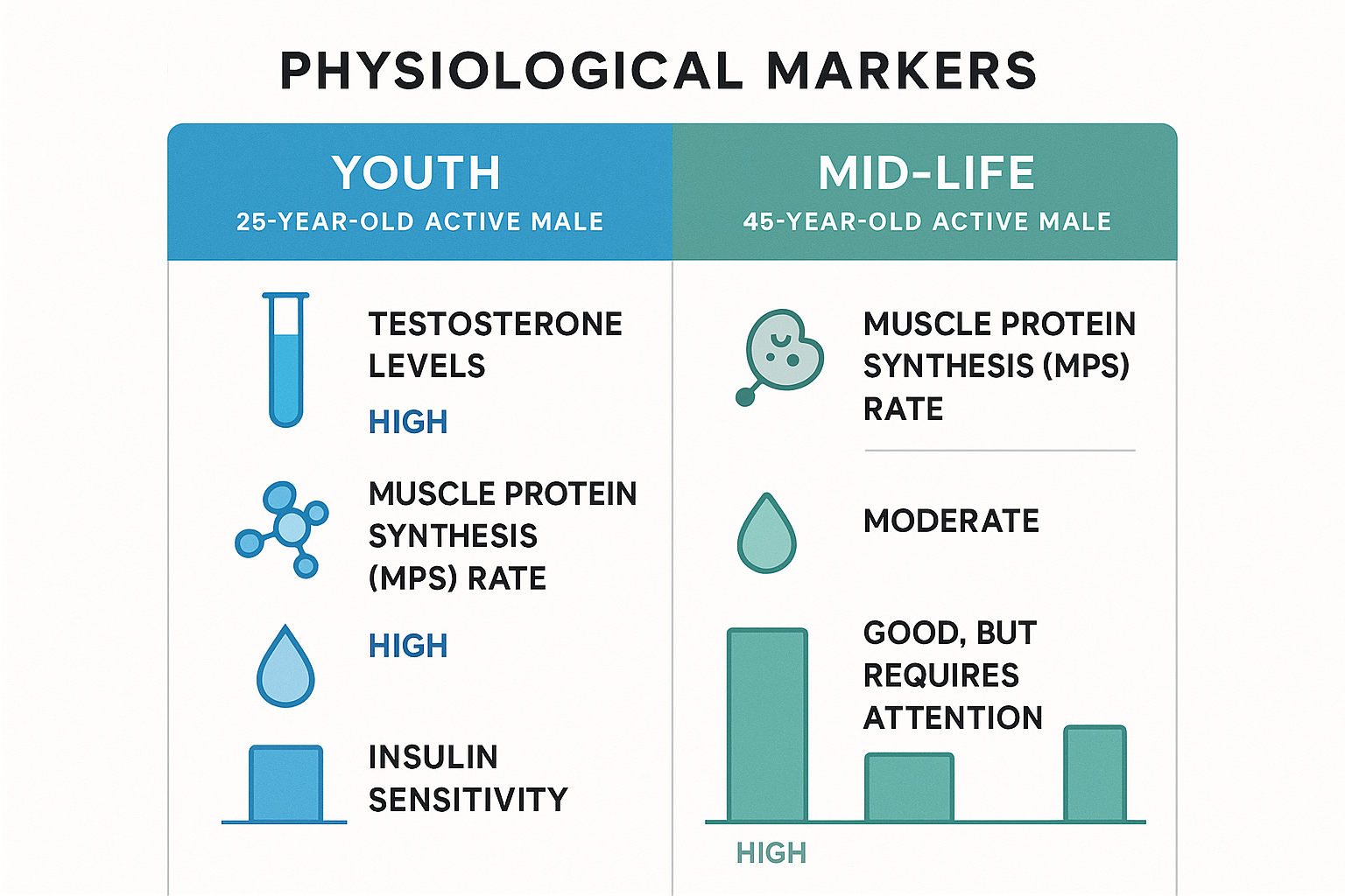 Infographic comparing key physiological markers like testosterone levels, muscle protein synthesis (MPS) rate, and insulin sensitivity between a 25-year-old active male and a 45-year-old active male.