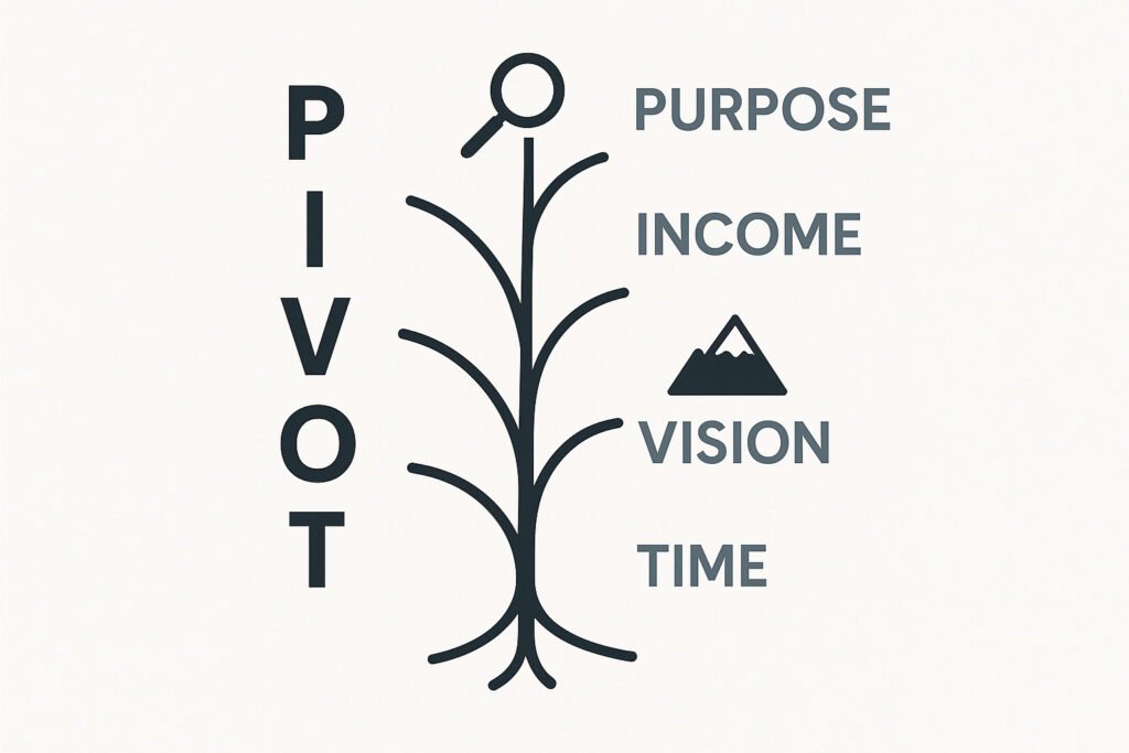 Infographic of the 5-step PIVOT Framework for men over 40 planning a career transition to break free from an unfulfilling job.
