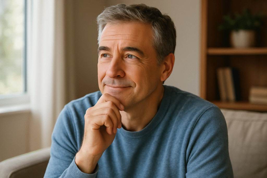 A thoughtful man in his 50s considering the link between erectile dysfunction and his personal confidence. how does ed affect a man mentally