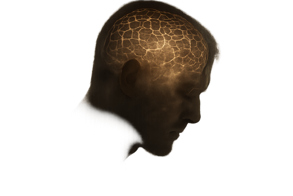 A man's silhouette with a complex, glowing maze inside his head, visually representing the feeling of being trapped in the mental anxiety spiral associated with psychological erectile dysfunction.