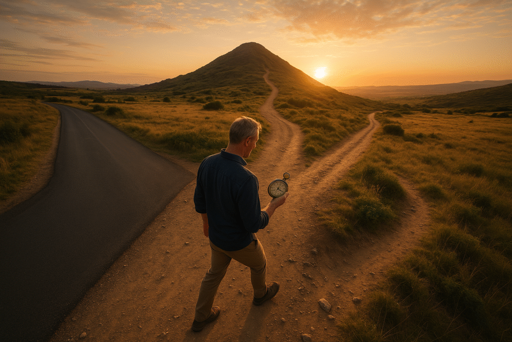 Hopeful man in his 50s at a career crossroads, using a compass for purpose discovery and to plan his next chapter. men over 40 trapped in career
