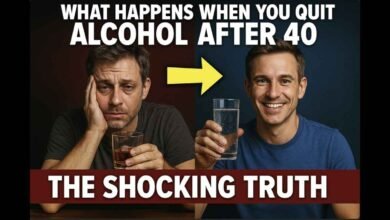 A before-and-after image showing a man's transformation after quitting alcohol over 40. The "before" side shows him looking tired and unhappy holding a glass of whiskey, while the "after" side shows him looking happy and healthy holding a glass of water.