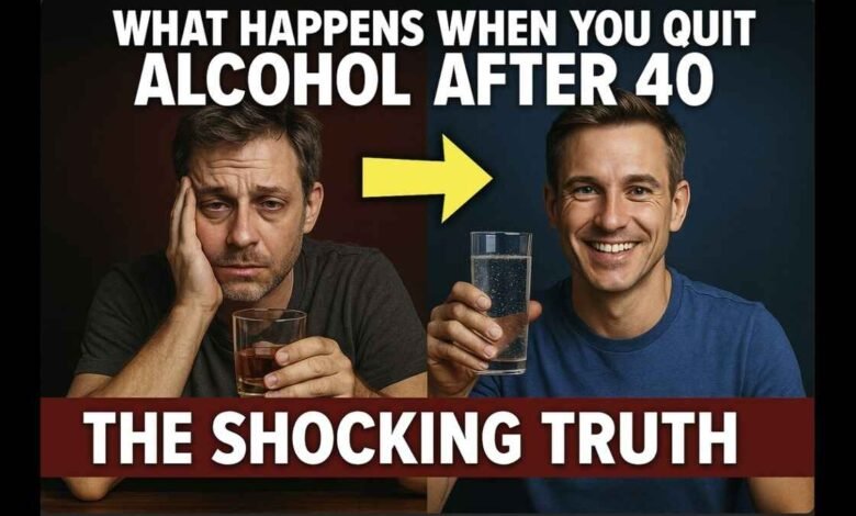 A before-and-after image showing a man's transformation after quitting alcohol over 40. The "before" side shows him looking tired and unhappy holding a glass of whiskey, while the "after" side shows him looking happy and healthy holding a glass of water.