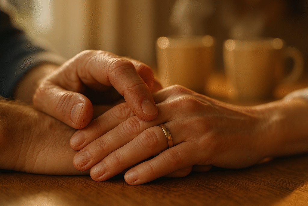 Close-up of a mature couple's hands gently clasped together, a symbol of support and connection when dealing with performance anxiety.