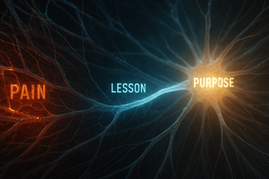 Hyper-realistic abstract image of intricate neurological pathways and a glowing circuit board, showing chaotic 'PAIN' transforming into a clear 'LESSON' pathway, leading to a bright 'PURPOSE' hub.