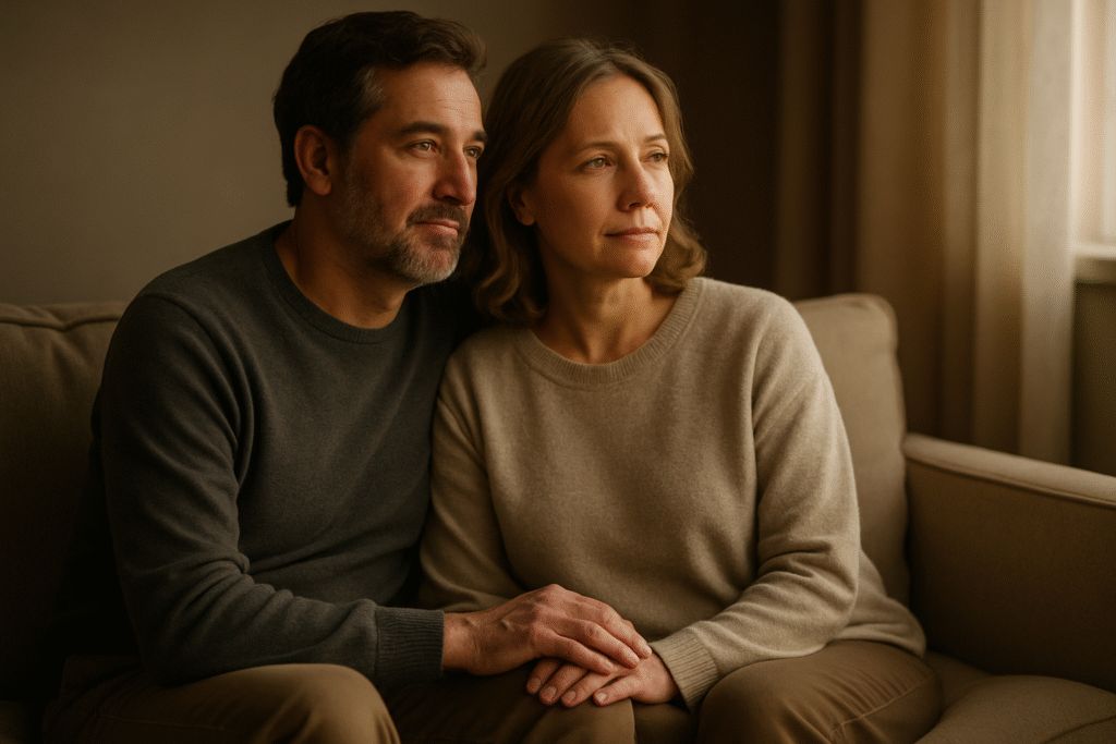 A supportive, mature couple sitting together and looking forward in the same direction, representing partnership and a shared goal in overcoming performance anxiety.