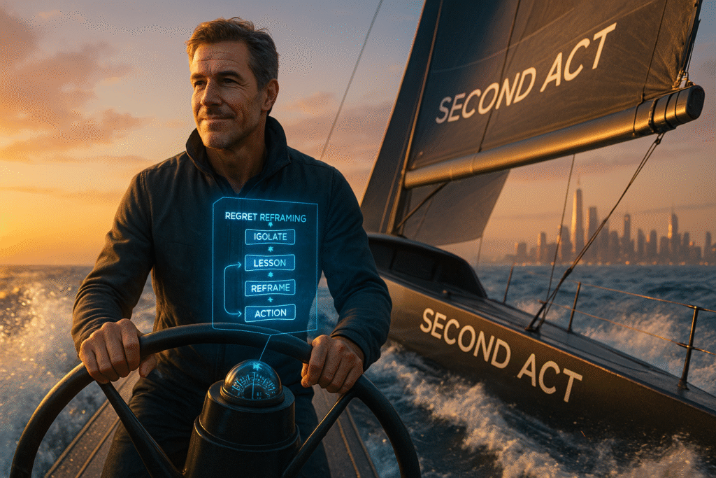 Hyper-realistic image of a confident man sailing a modern boat with a 'SECOND ACT' sail, navigating with a glowing holographic regret-reframing framework. A future city skyline is in the background, symbolizing purpose.