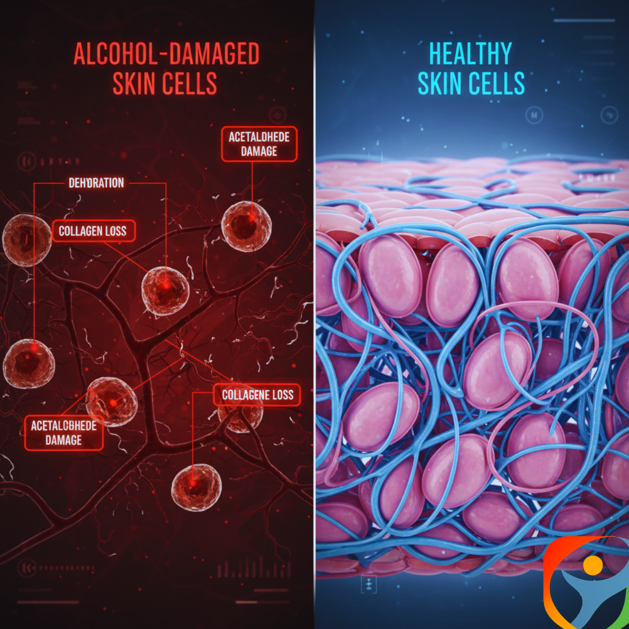 A scientific infographic comparing healthy, plump skin cells to alcohol-damaged cells that are shrunken and show collagen loss. Labels clearly point to "Dehydration" and "Acetaldehyde Damage" to illustrate the aging process. Quitting Alcohol After 40