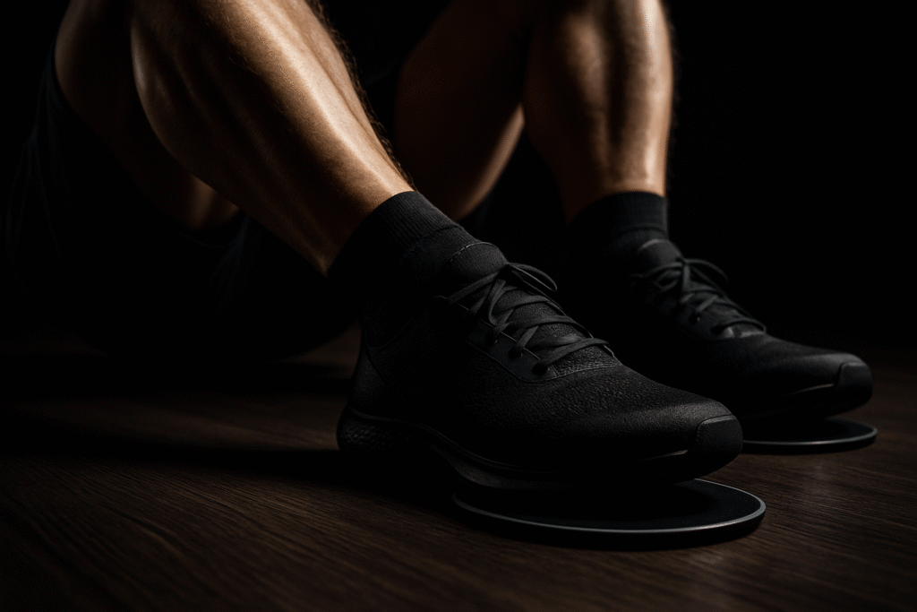 A close-up view of a man's feet on sliders performing a hamstring curl on a wood floor, a key part of a core sliders workout for strengthening the glutes and lower back.