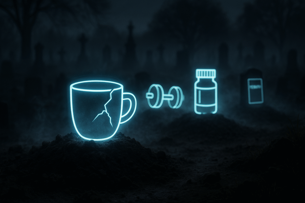 A graveyard at dusk with glowing neon tombstones shaped like a coffee cup, dumbbell, and pill bottle, symbolizing the graveyard of failed solutions for men's fatigue. increase energy men over 40