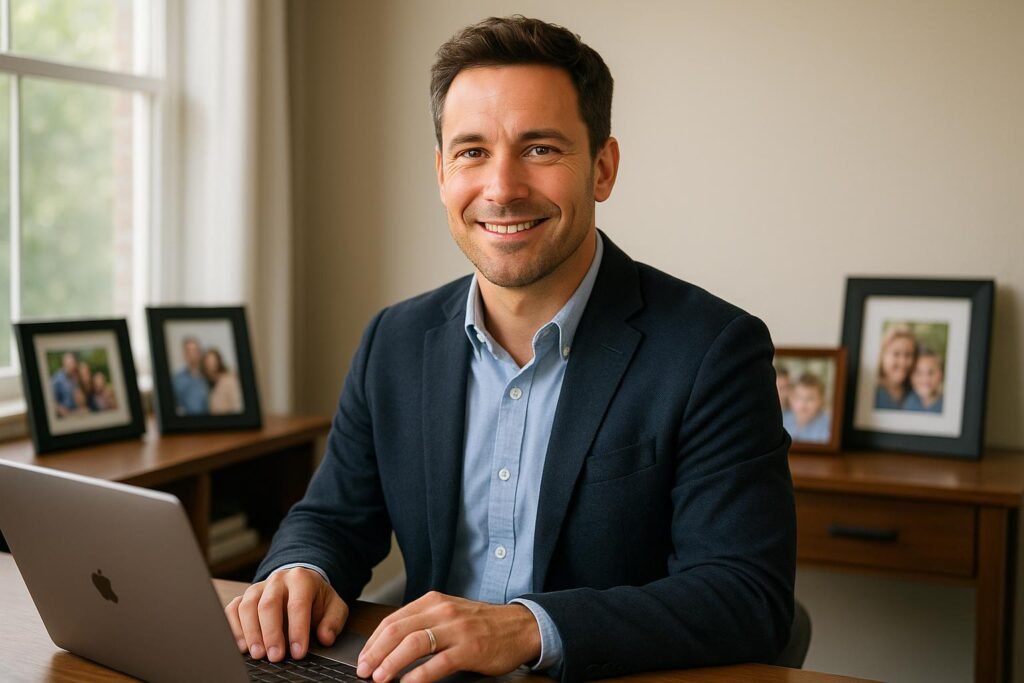 Confident father in home office representing successful career transition