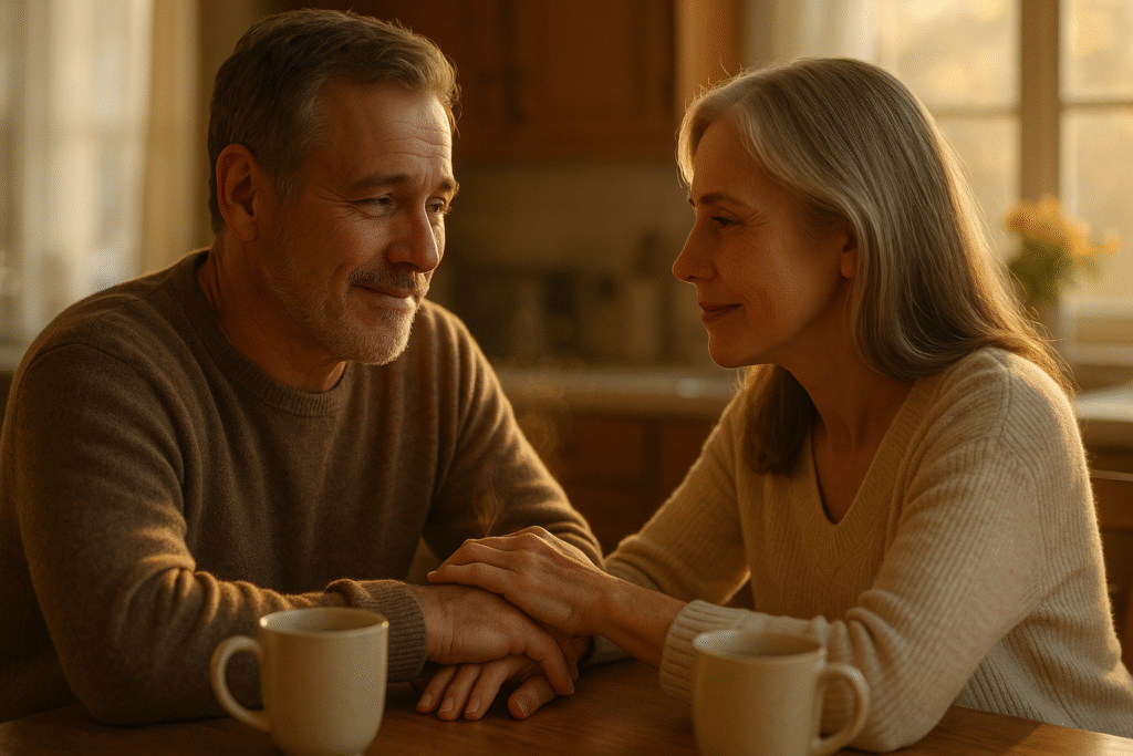 A happy mature couple laughing together in their kitchen, showing the positive outcome of open communication about sexual health.