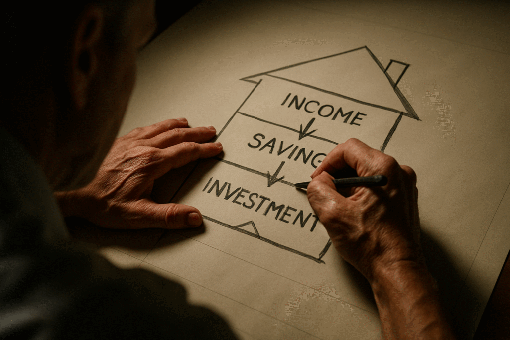 A financial planner draws a diagram of a house showing the flow from income to saving to investment, illustrating the foundation of financial literacy.