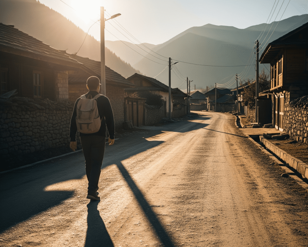A solo traveler with a backpack walks down a dusty road in a serene, remote mountain village at golden hour, symbolizing purposeful travel and self-discovery.