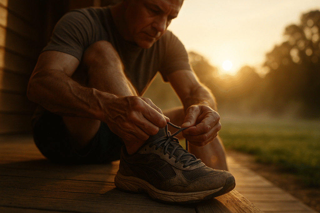 A man in his 40s tying his running shoes, taking a proactive step to improve his health and combat performance issues.