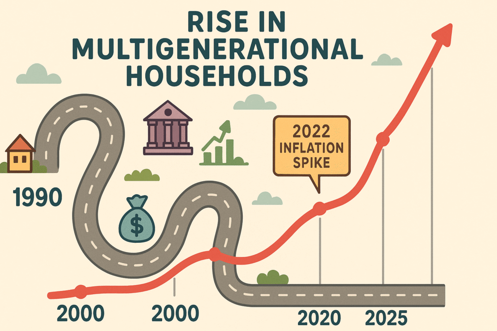 Infographic timeline from 1990 to 2025 showing the sharp rise in multigenerational households, with a callout for the 2022 inflation spike.