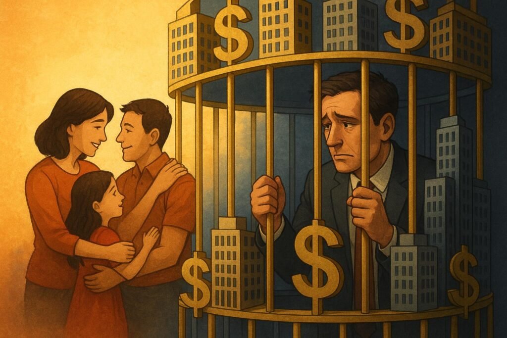 Illustration of businessman father trapped in golden cage looking at family