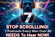 Powerful image of a man listening to the best podcasts for men over 40, featuring glowing sound waves and the number 7, for Second Act Man.