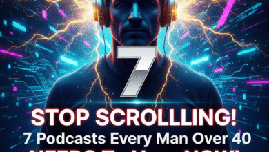 Powerful image of a man listening to the best podcasts for men over 40, featuring glowing sound waves and the number 7, for Second Act Man.