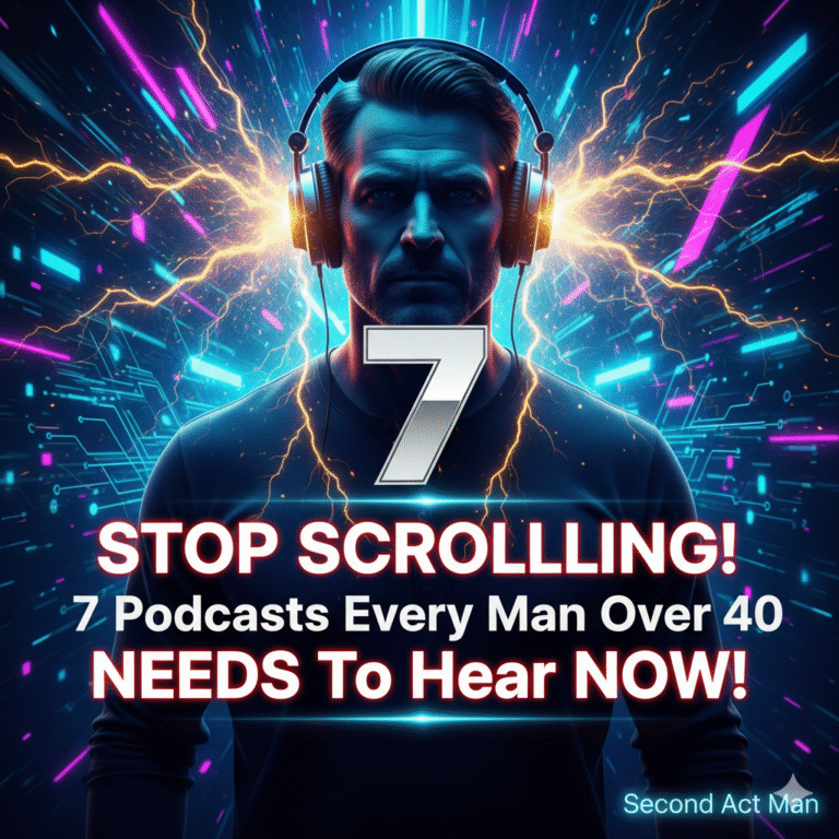 Powerful image of a man listening to the best podcasts for men over 40, featuring glowing sound waves and the number 7, for Second Act Man.