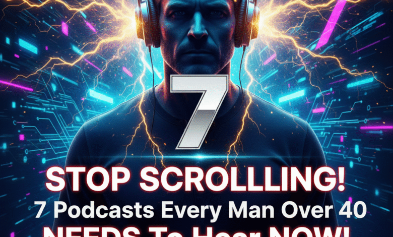 Powerful image of a man listening to the best podcasts for men over 40, featuring glowing sound waves and the number 7, for Second Act Man.