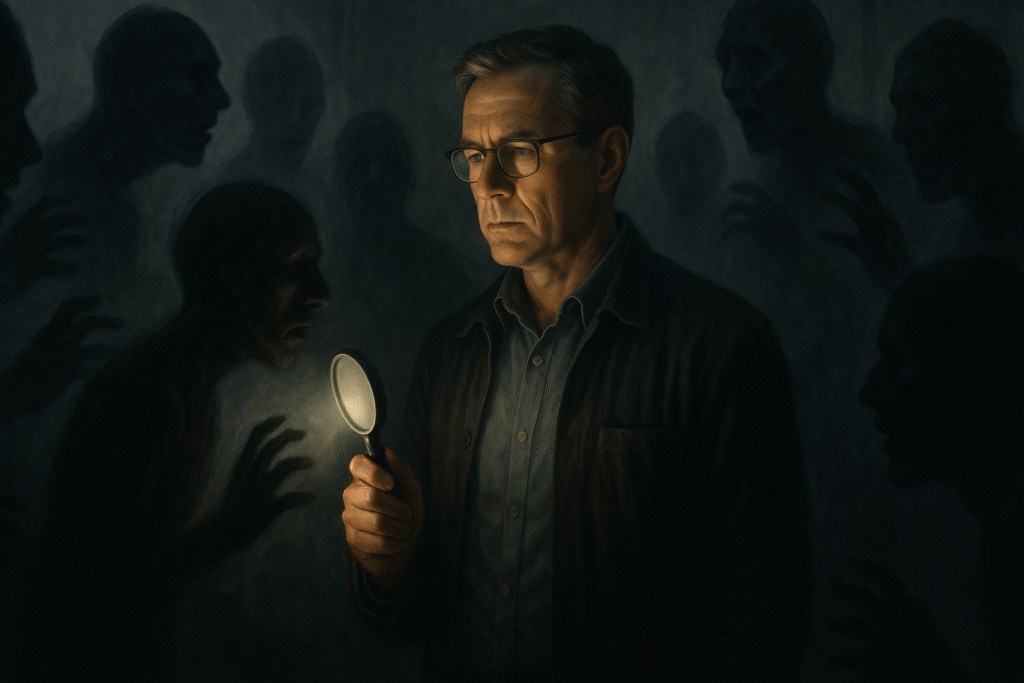 A man uses a flashlight to confront shadowy figures, symbolizing how Cognitive Behavioral Therapy (CBT) helps manage negative thoughts that cause sexual anxiety. CBT for Sexual Dysfunction