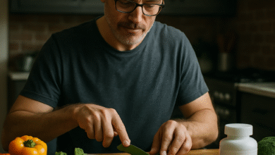 A middle-aged man preparing a balanced meal with colorful vegetables, nuts, and fish. Alt: Nutritional needs for men over 40 featuring a healthy balanced diet with multivitamins.