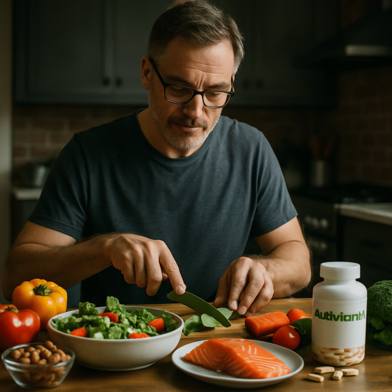 A middle-aged man preparing a balanced meal with colorful vegetables, nuts, and fish. Alt: Nutritional needs for men over 40 featuring a healthy balanced diet with multivitamins.