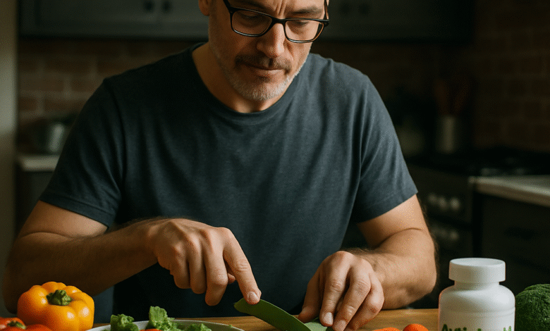A middle-aged man preparing a balanced meal with colorful vegetables, nuts, and fish. Alt: Nutritional needs for men over 40 featuring a healthy balanced diet with multivitamins.