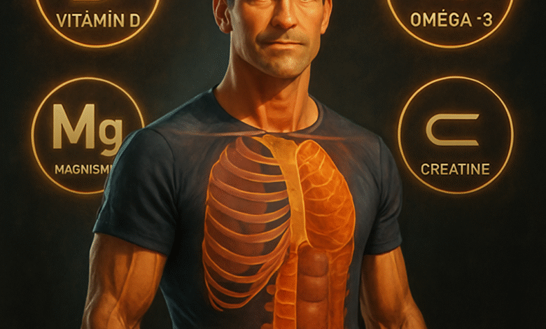 An illustration showing a healthy middle-aged man with highlighted body areas such as bones, muscles, and brain, surrounded by icons representing key nutrients like vitamin D, omega-3, magnesium, and creatine. Alt: Daily supplements for men over 40 supporting bone, muscle, and brain health.