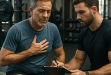 Middle-aged man assessing his physical health with a trainer, surrounded by gym equipment, illustrating practical, safe weight training for men over 40. Alt: Man over 40 checking fitness baseline before weight training.