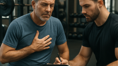 Middle-aged man assessing his physical health with a trainer, surrounded by gym equipment, illustrating practical, safe weight training for men over 40. Alt: Man over 40 checking fitness baseline before weight training.