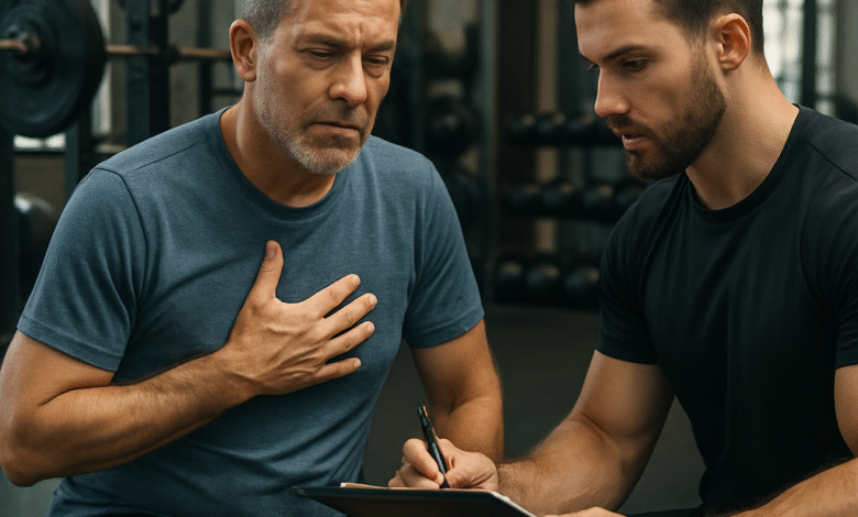 Middle-aged man assessing his physical health with a trainer, surrounded by gym equipment, illustrating practical, safe weight training for men over 40. Alt: Man over 40 checking fitness baseline before weight training.