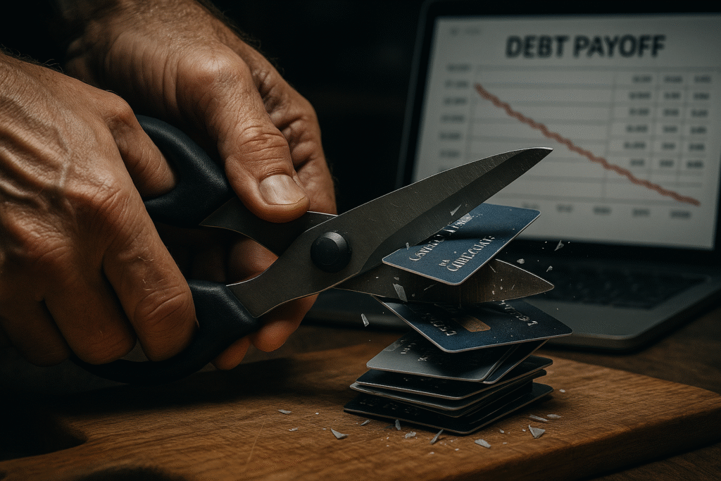Close-up of hands using heavy-duty scissors cutting through stack of credit cards over cutting board with debt payoff spreadsheet showing declining balances on laptop in background - visual metaphor for aggressive debt elimination strategy as critical retirement planning step for men in 40s and 50s