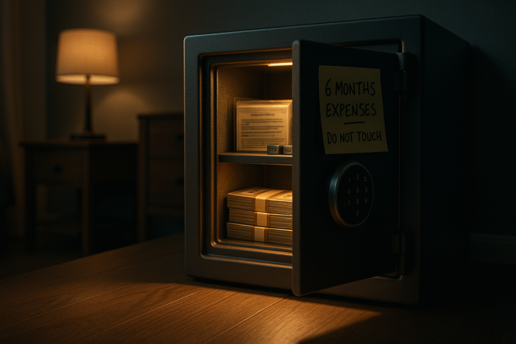 Modern home safe door slightly open with warm light glowing from inside revealing organized emergency fund cash stacks, protected documents, and USB drives - exterior has sticky note reading 6 months expenses do not touch - representing disciplined financial security strategy for men in 40s and 50s protecting retirement savings