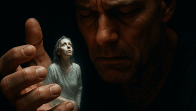 A man with an anguished expression looks at a miniature, trapped version of his partner in his hand—a powerful visual metaphor for how a man's internal struggle with psychological ED and performance anxiety can emotionally burden his relationship.