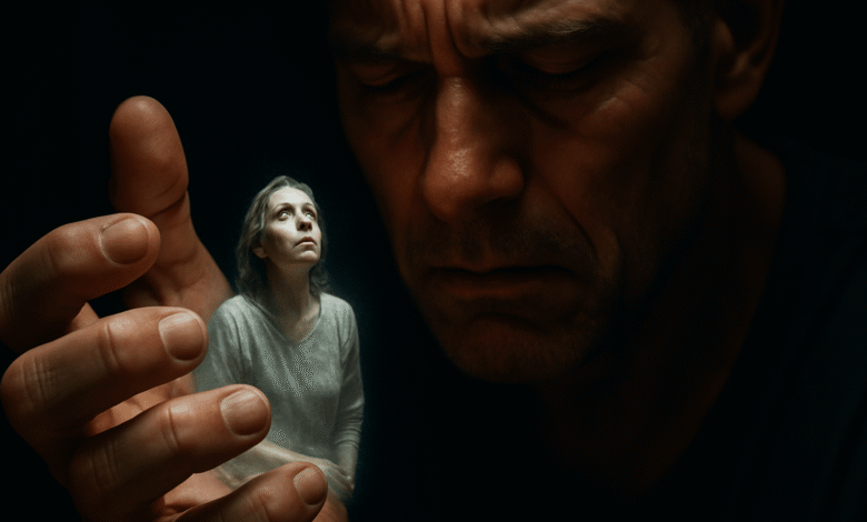 A man with an anguished expression looks at a miniature, trapped version of his partner in his hand—a powerful visual metaphor for how a man's internal struggle with psychological ED and performance anxiety can emotionally burden his relationship.
