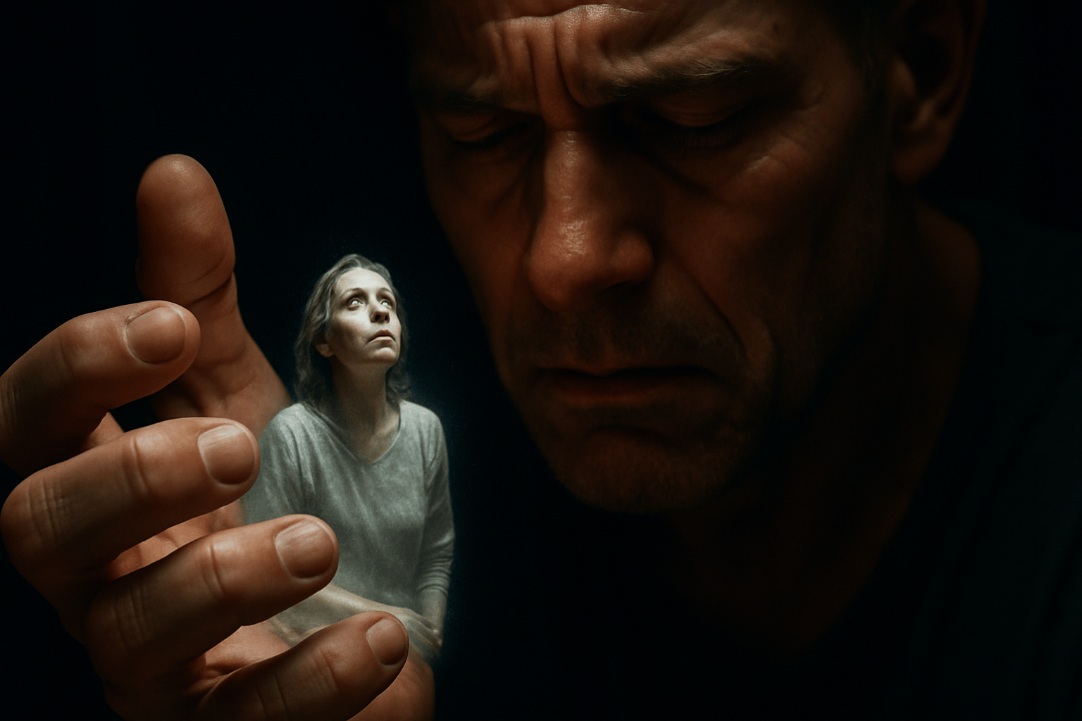A man with an anguished expression looks at a miniature, trapped version of his partner in his hand—a powerful visual metaphor for how a man's internal struggle with psychological ED and performance anxiety can emotionally burden his relationship.