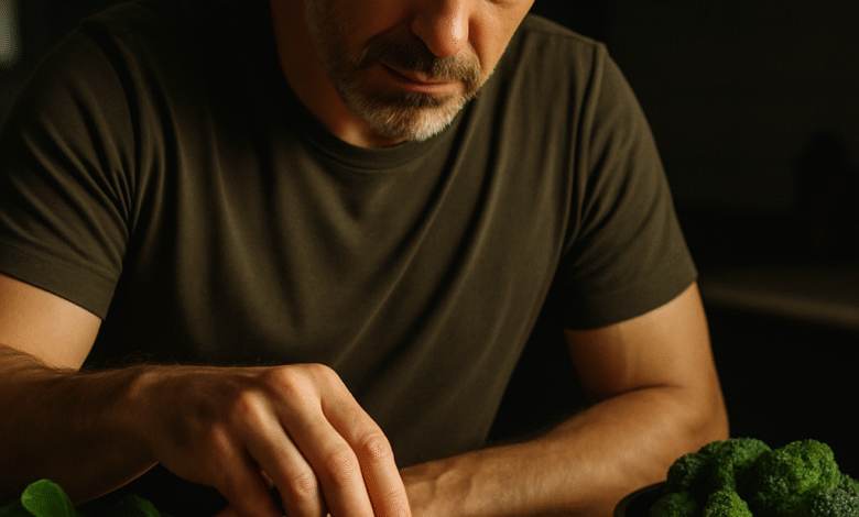 A close-up of a middle-aged man preparing a nutrient-rich meal including leafy greens, salmon, and nuts. Alt: Nutritional foods for men over 40 focusing on vitamin D, magnesium, omega-3s, and zinc.